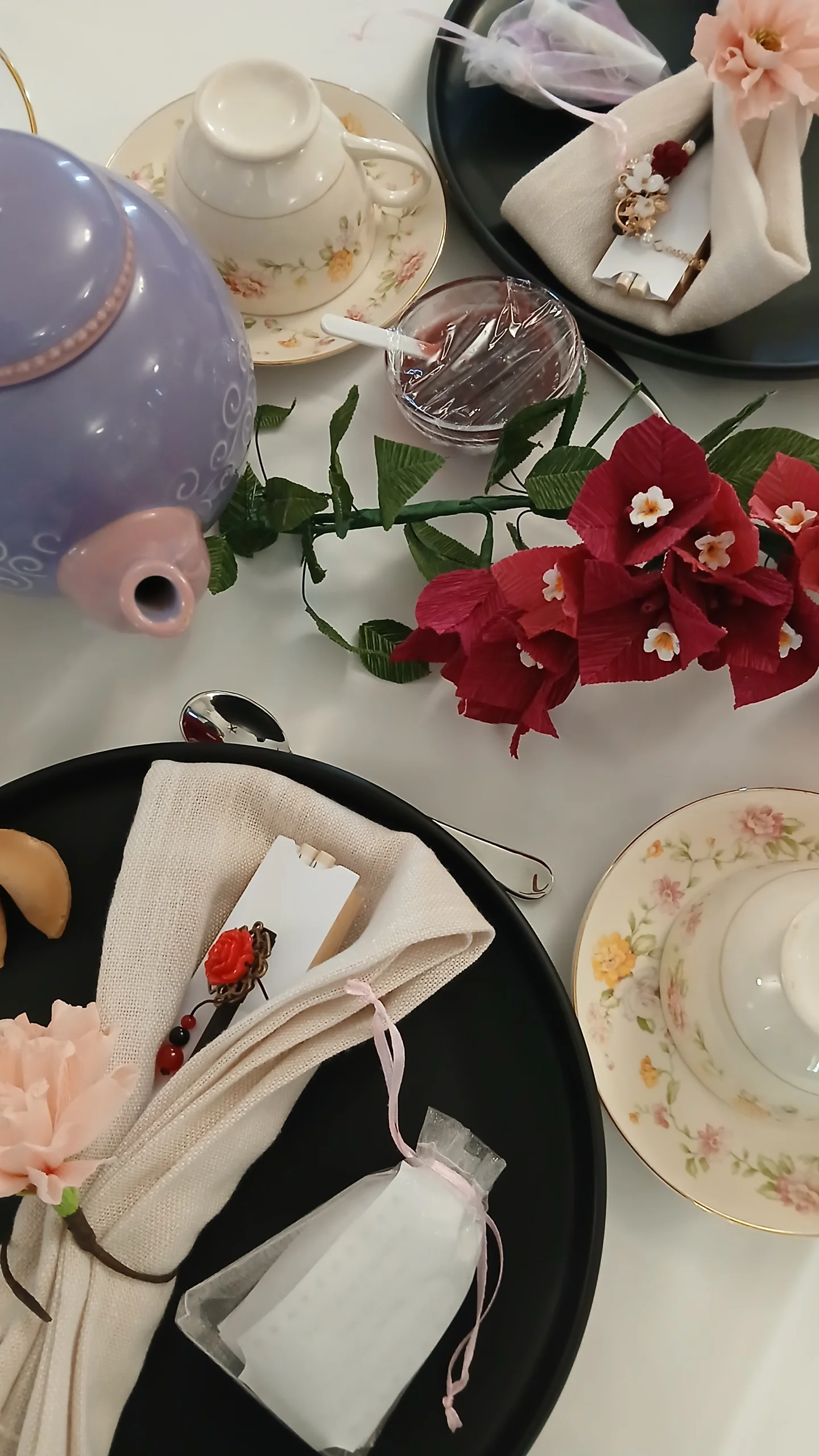 Tea party tray assortment and table setting